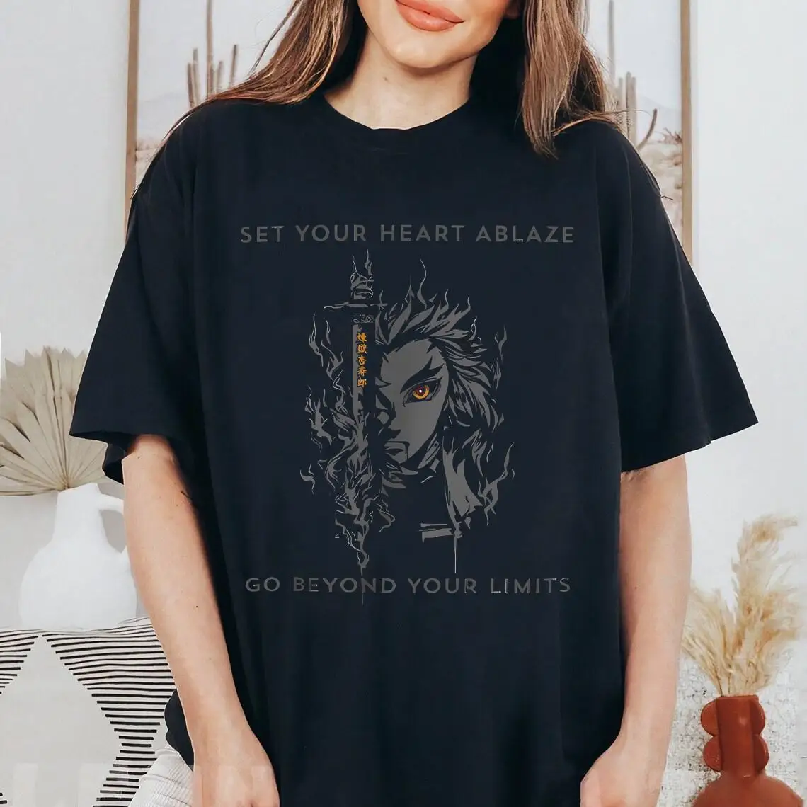 2026 Neujahr Teufelskiller Flammen-Hashira Rengoku Anime-Shirt, Setze Dein Herz in Flammen, Übertreibe Deine Grenzen T-Shirt, Anime T-Shirt