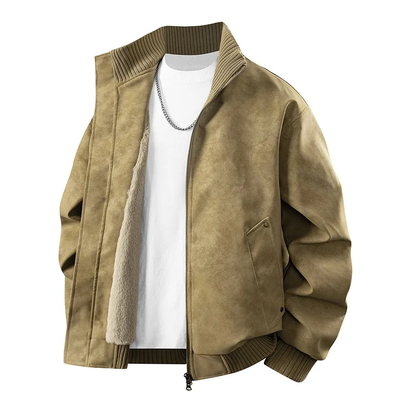 New Fashion Men Solid Color Turn-down Collar Zipper Casual Simple Basic Trendy Faux Leather Jackets Autumn Winter Male Coats
