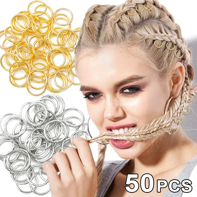 50Pcs/lot Metal Hair Braid Rings Dreadlock Beads Clips Cuffs Dirty Braids Hoops Clasps Jewelry Charms Hair Ring Accessories 10mm