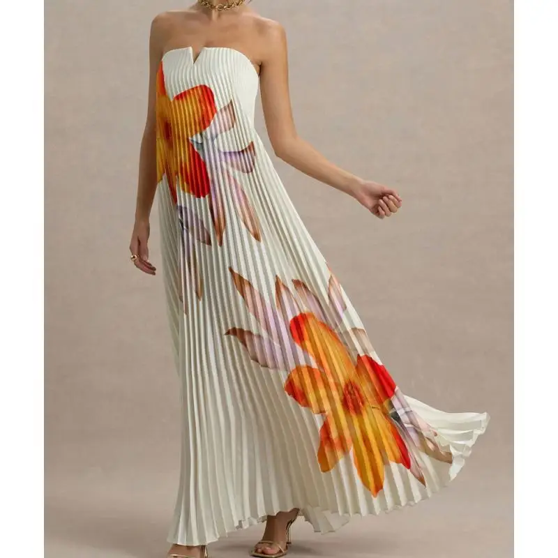 Women Strapless Pleated Maxi Long Dress Floral Print V Notch Tube Top Long Dress Summer Holiday Beach Elegant Flowy Party Dress