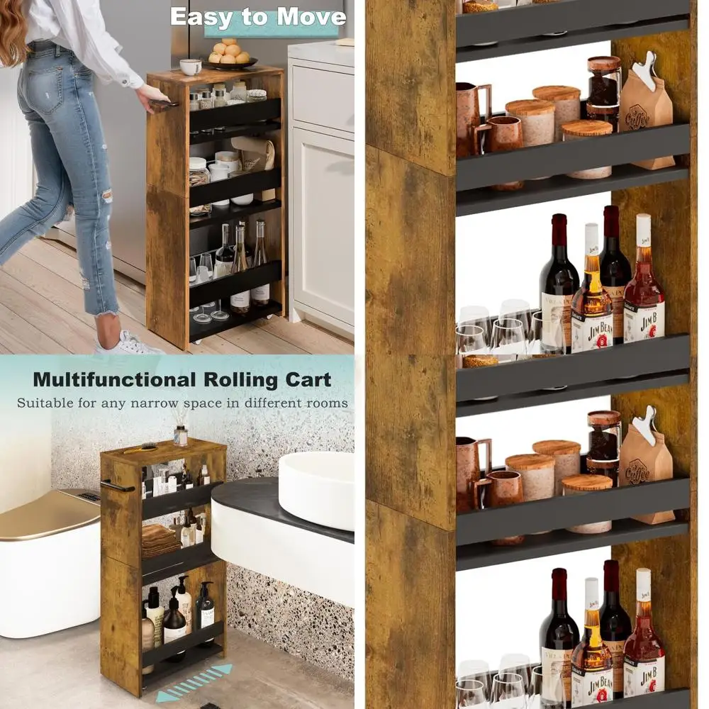 

Narrow 4-Tier Rolling Kitchen Cart with Rustic Brown Finish for Small Space Organization