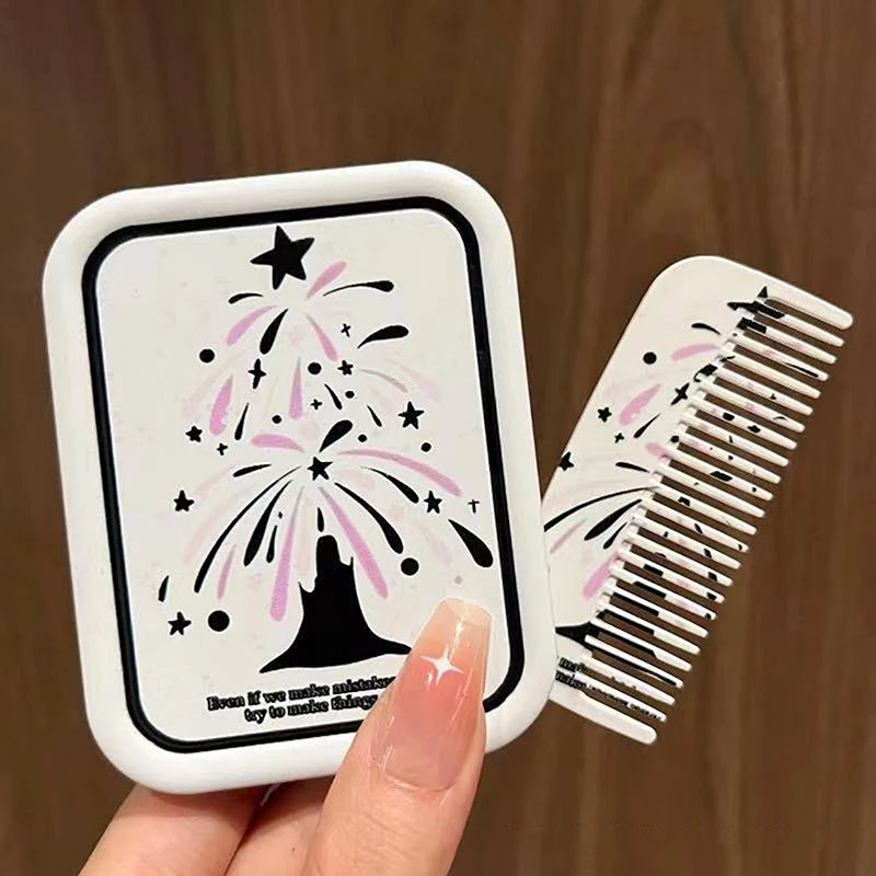 Cartoon Fireworks Pattern Flip-Top Folding Makeup Mirror Portable Pocket Mirror Rectangle Cosmetic Mirror With Comb For Women