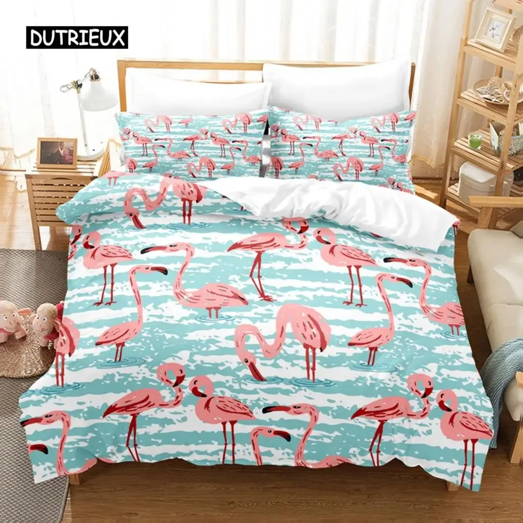 Flamingo Duvet Cover Set Palm Leaf Bedding Set Flower Tropical Botanical Hawaiian Island Floral Queen King Polyester Quilt Cover