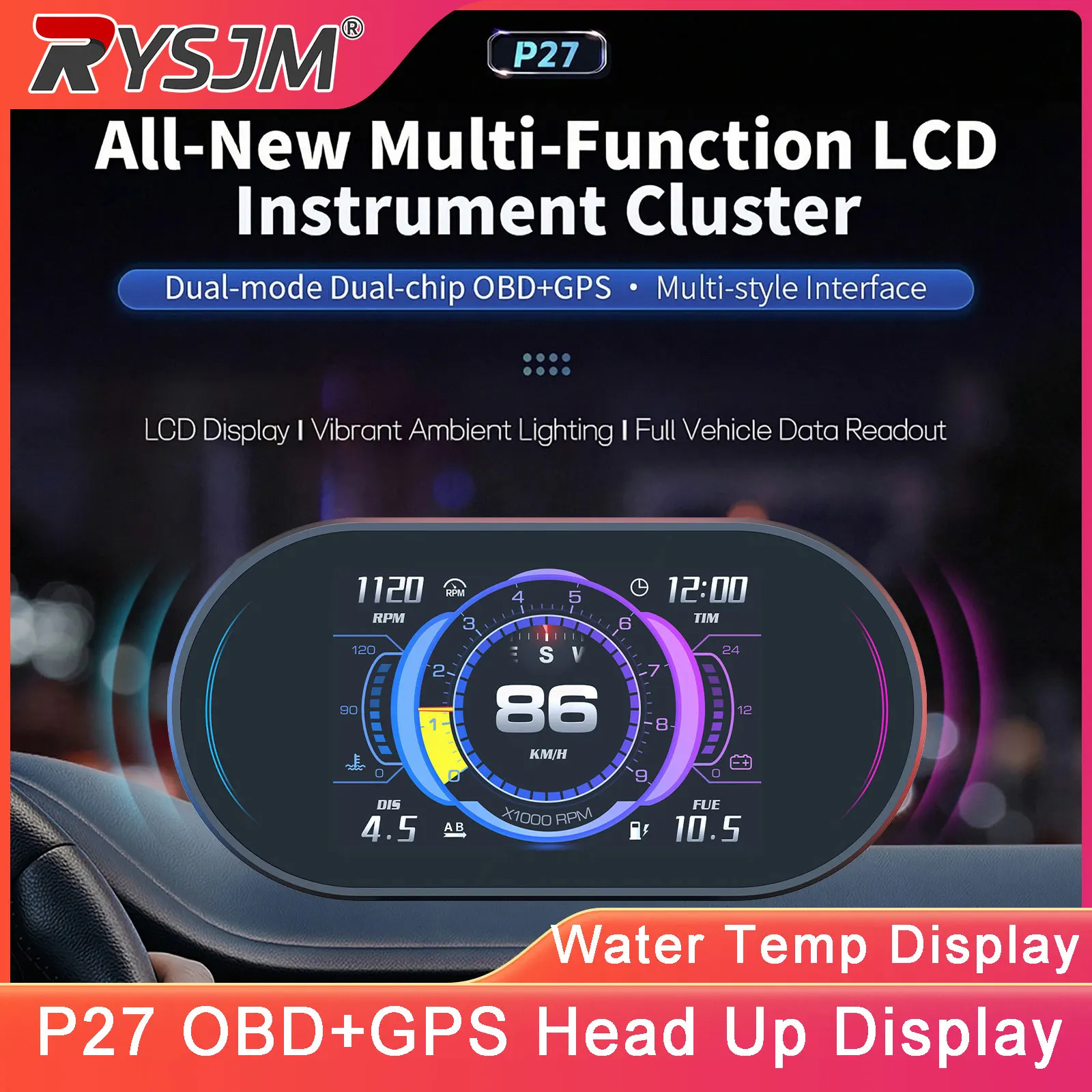 Nouveau 2026 P27 Ordinateur de Bord Automobile OBD+GPS Affichage Tête Haute Compteur Numérique Température Eau Vitesse Consommation Carburant