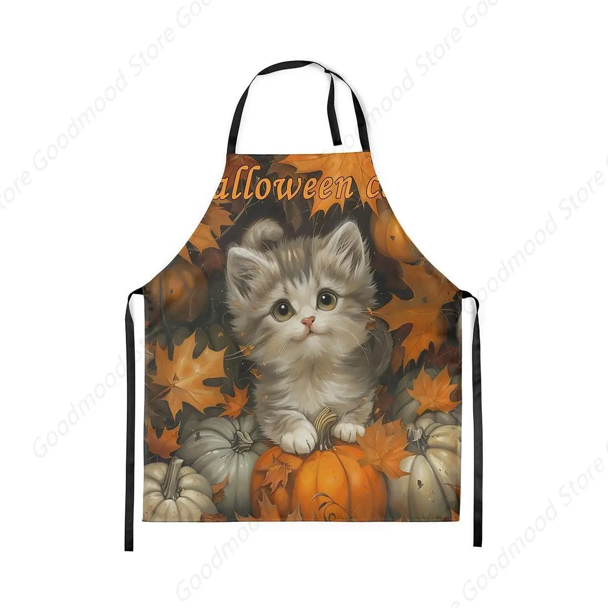 

Watercolor Cat Kitchen Apron Lovely Animal Kitten Apron for Adults Autumn Pumpkin Maple Leaves Halloween Waterproof Apron