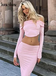 Hawthaw Women 2024 Spring Autumn Long Sleeve Crop Tops Long Skirts Two Piece Matching Sets Outfits Wholesale Items For Business