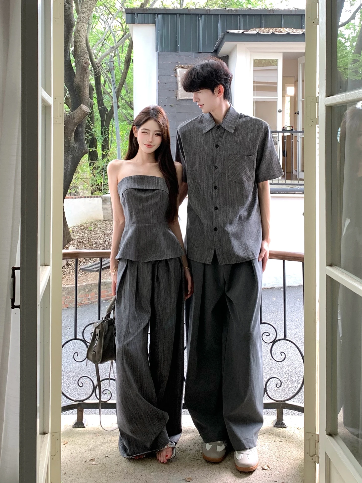 Elegant Slimming Couple Matching Summer Shirt Short Sleeve Straight Leg Wide Leg Pants Set High Waist Loose Fit Tube Top