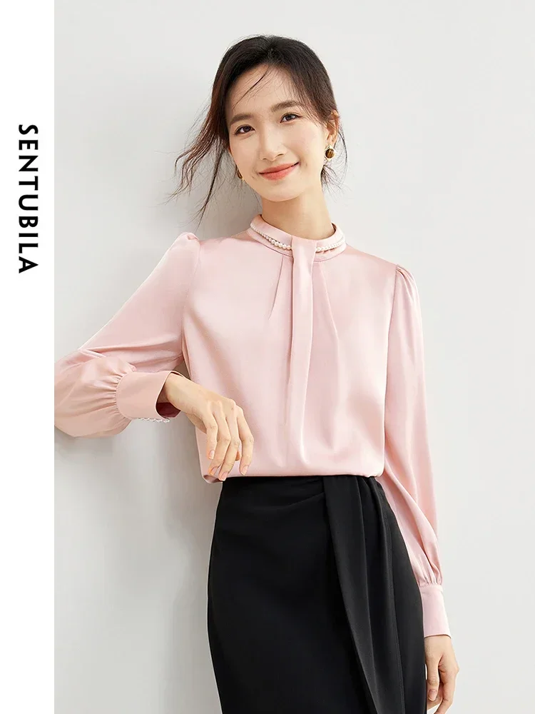 SENTUBILA Women High-end Satin Blouse 2024 Spring Autumn Elegant Long Sleeve Tops Lady Commute Pink Shirts & Blouses 141V53329