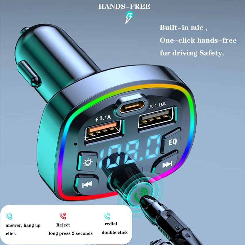 Bluetooth 5.0 Car FM Transmitter PD Type-C Dual USB For MP3 Music TF Card U Disk Fast Charger Type-C 18W Handsfree PD QC3.0