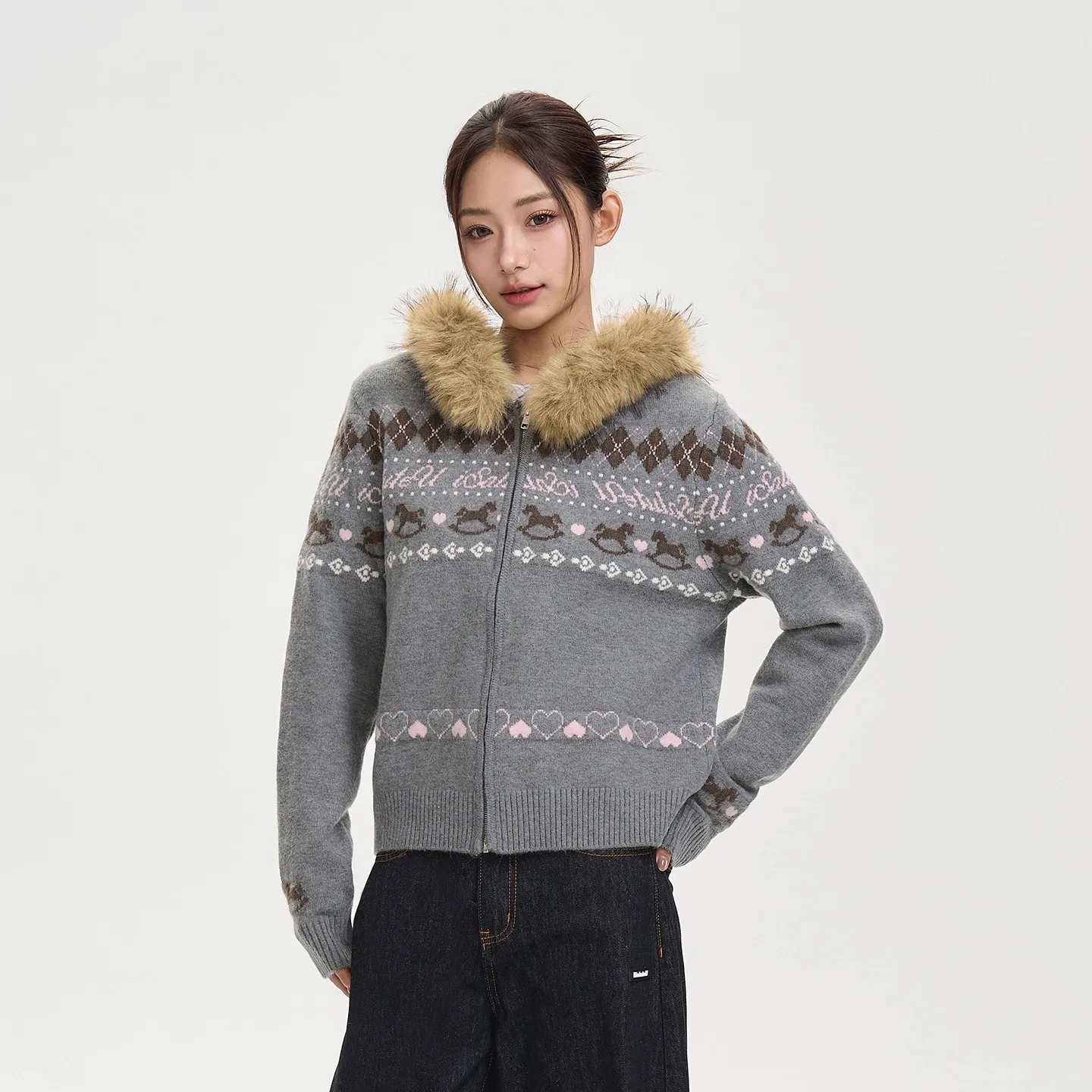 

Свитер Fair Lsland, куртка в американском стиле ретро, осень/зима, большой меховой воротник, контрастный вязаный свитер