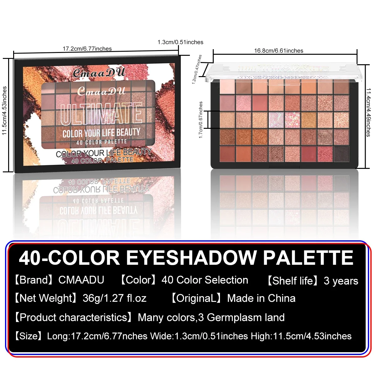 Paleta de sombras de 40 cores, pérola cremosa de alta pigmentação, à prova d'água de longa duração, cosméticos de maquiagem profissional