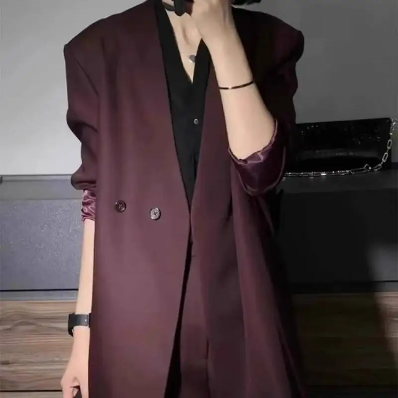 Eeonovni moda vermelha feminina conjunto de duas peças com decote em v duplo botão blazer casaco + calças compridas senhora do escritório elegante 2025 novas roupas