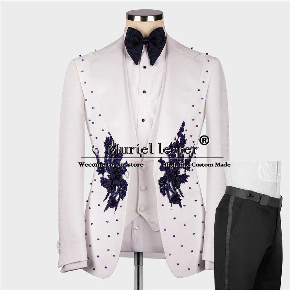 

Exclusive Jewelry Tuxedo Formal Party Groom Wedding Suits Tailored Made Pearls Appliques Jacket Vest Pants 3 Pieces Male Dress