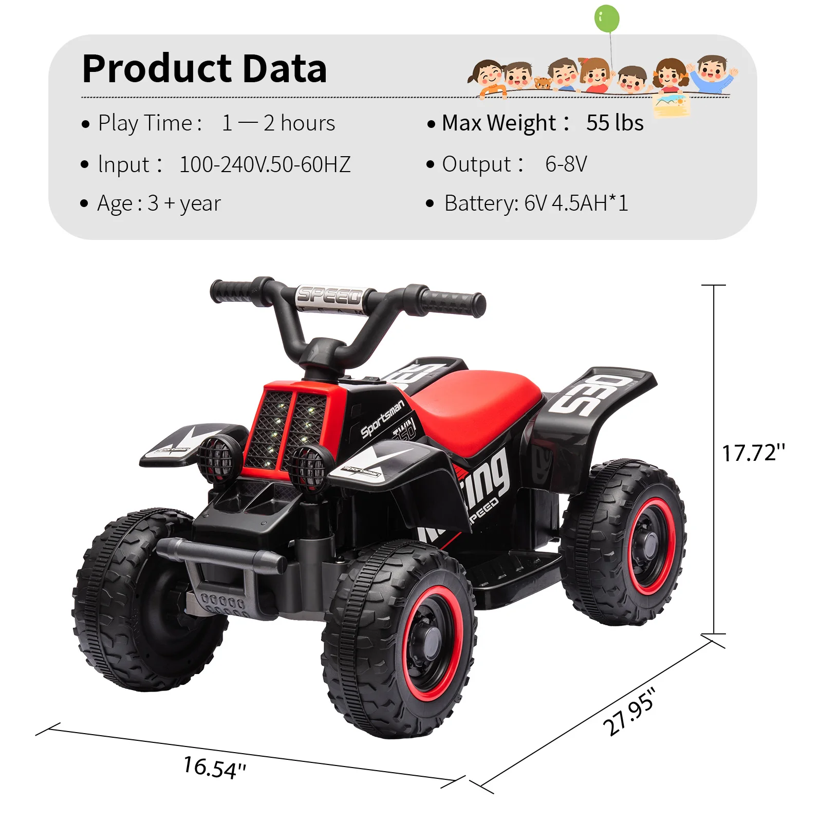 6-V-Kinderfahrt auf ATV, 4-Rad-Elektro-Quad-Auto mit 4,5 Ah und LED-Leuchten, Musik, batteriebetriebenes motorisiertes Spielzeug für Kinder ab 3 Jahren