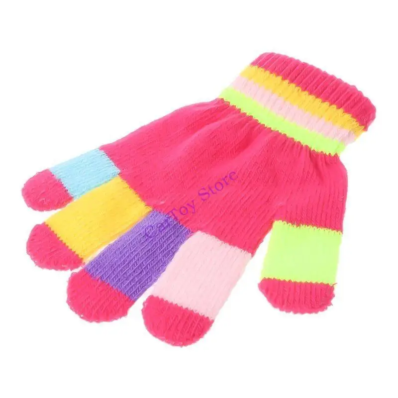 

634F Winter Children Colorful Stripe Knitted Boys Girls Solid Glove Multi Color
