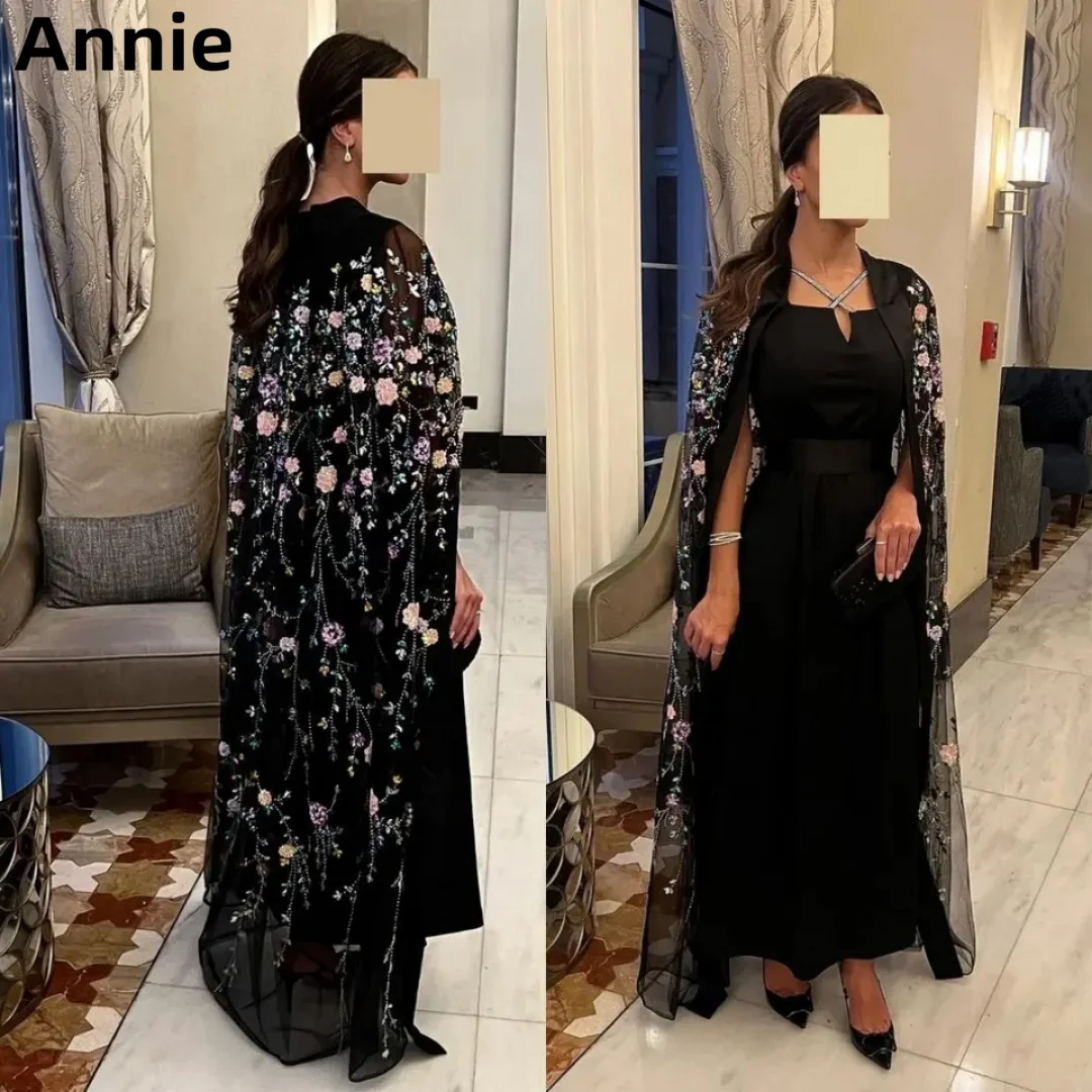 Annie Black Luxury Formal Occasion Evening Dress فساتين السهرة 3D Flower With Cape Elegant Ladies Evening Dress Party Dress