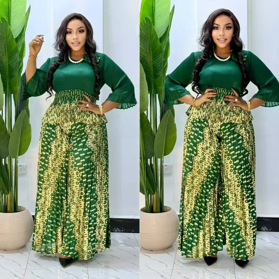 

Women Miyaki Miyake Two-Piece Plus Size Women's Suit Long-Sleeved Top Extended Pants Corsage V Neck Wide-Leg Pants Hot Stamping Printed Waist Slimming Look Miyake Lotus Leaf Lace Casual Daily Party Vacation