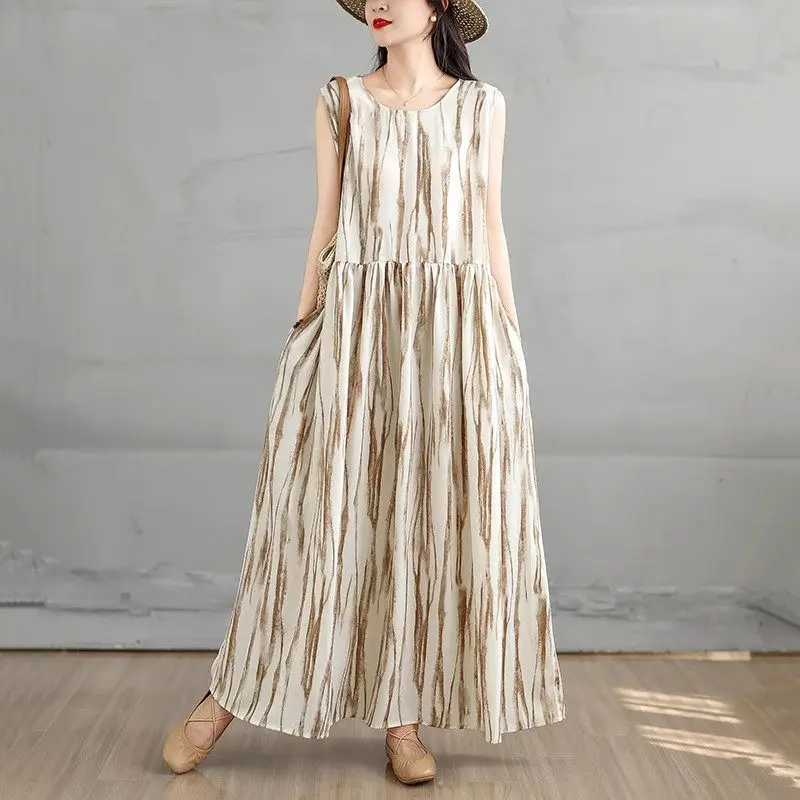 Retro Tie Dye Dress Loose Vest Dress Women's 2025 Summer Fashion Stylish Slimming Long Dress G1113