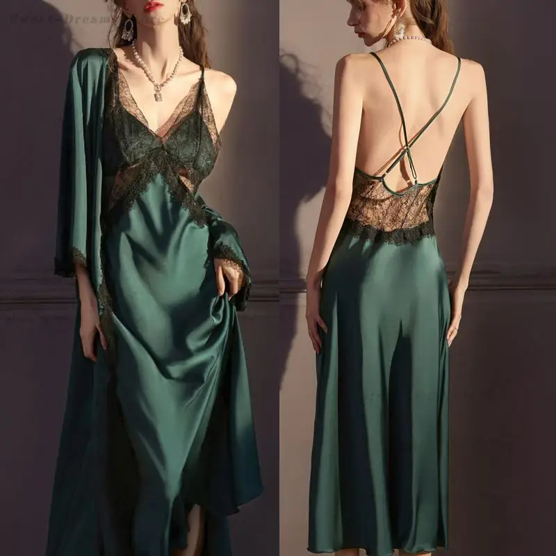 2pcs Women's Pajama Long Robe Nightgown Set Elegant Hollow Out Lace Backless Nightdress Sleepwear Silky Satin Lingerie Homewear