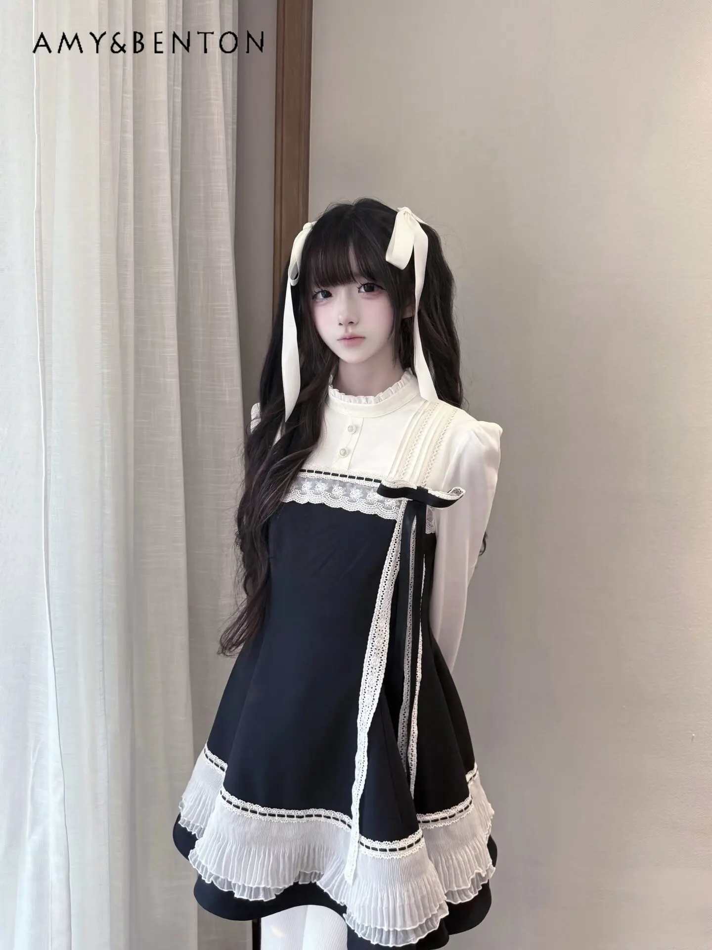 

2026 Spring Summer Women's Japanese Retro Black White Stand Collar Lace Long Sleeve Slim Fit Daily Casual Mini Dress