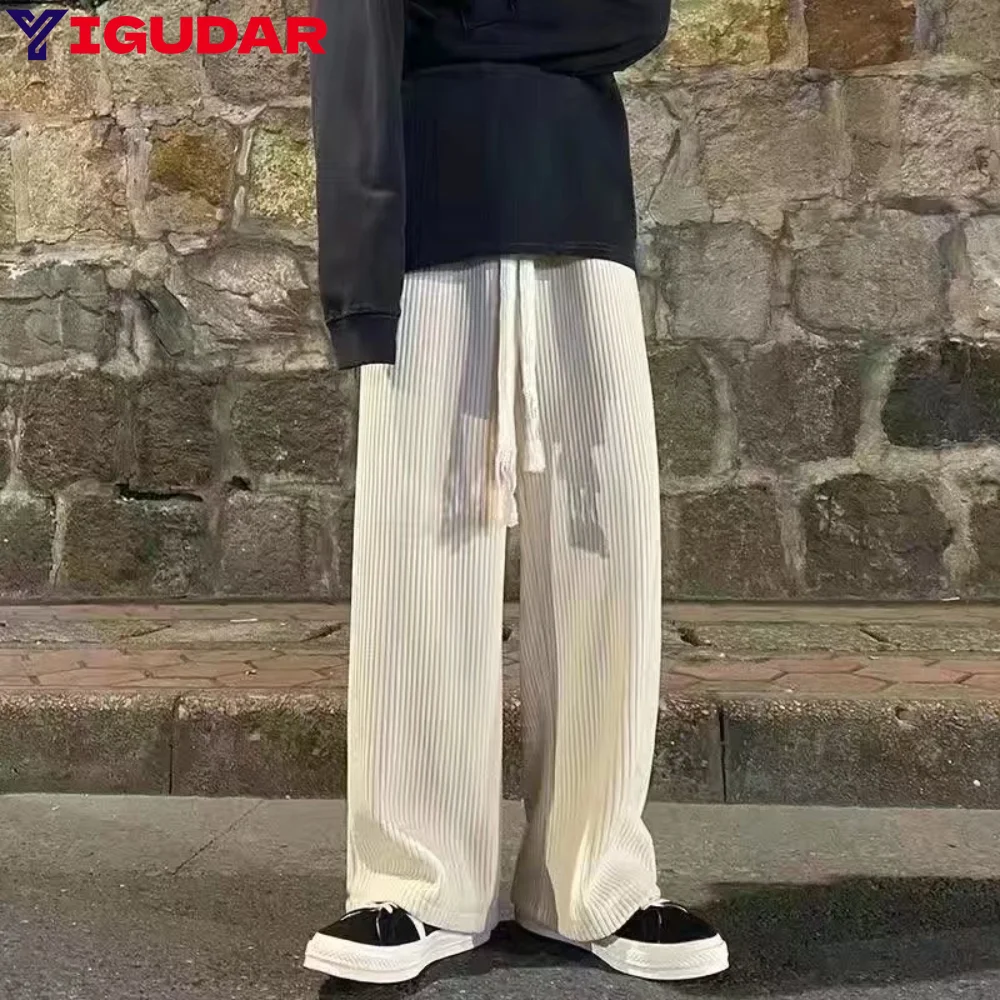

Men Pants Corduroy Korean Solid Color Tie Leg Straight Cropped Trouser Hip Hop Streetwear Casual Pants Male y2k streetwear