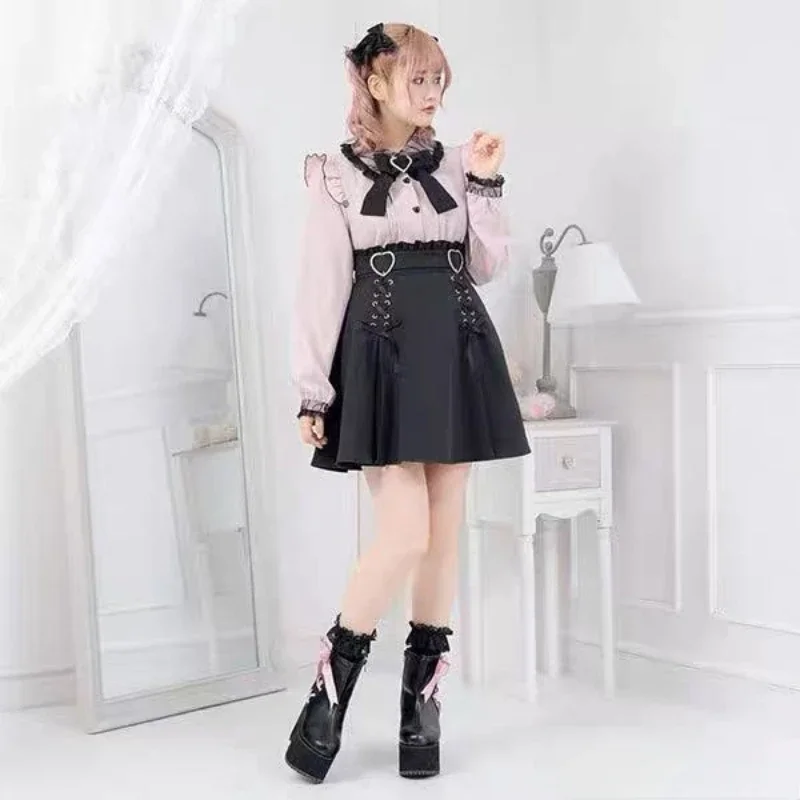 Camisa Lolita de manga comprida feminina, patchwork de renda, blusa de todas as partidas, arco JK, tops fofos e doces, camisa japonesa da menina kawaii, estética, outono