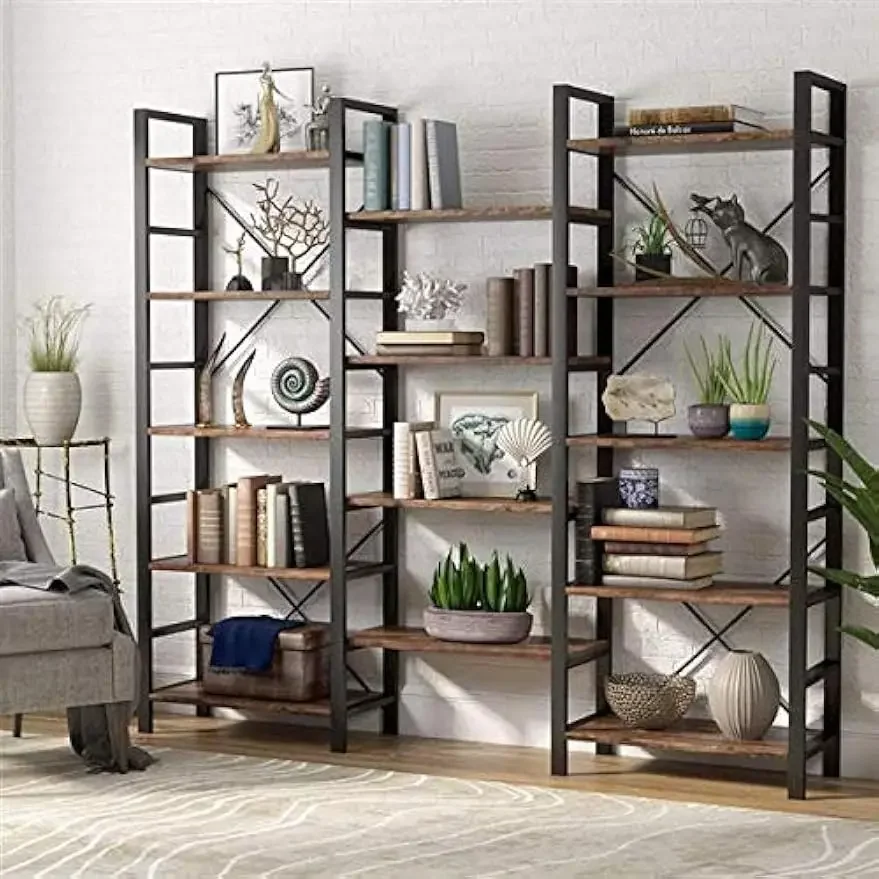 5-Shelf Bookcase, Etagere Large Open Bookshelf Vintage Industrial Style Shelves Wood and Metal bookcases Furniture for Home