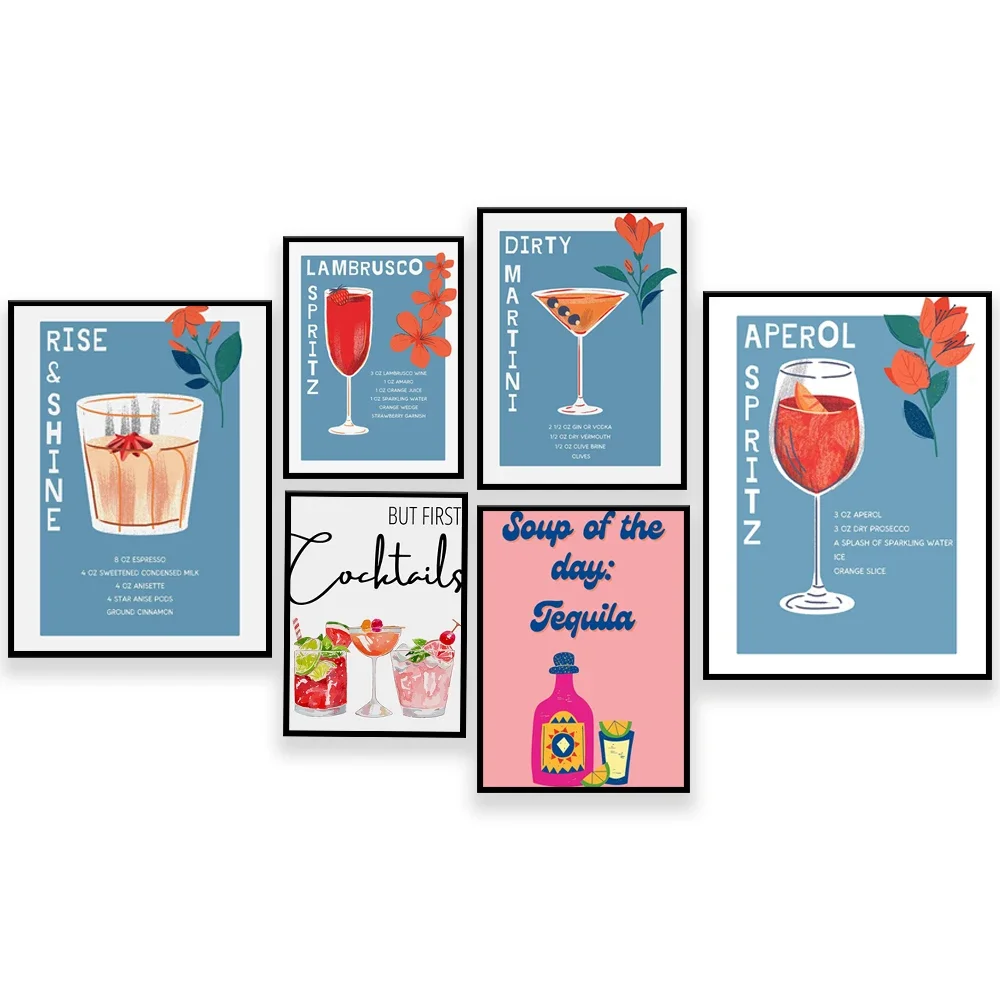 Aperol spritz, tequila, soup of the day, cocktails, alcohol wall art, cocktail prints, bar cart art, aesthetic wall decor poster