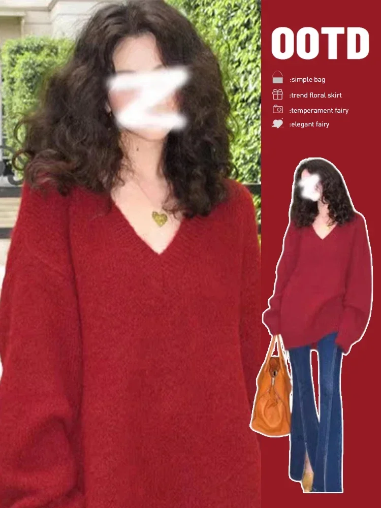 

Early Autumn V-neck Red Sweater for Women 2024 New Chic and Beautiful Loose Bottoming Knitted Top Style Two Pics Female Outfit