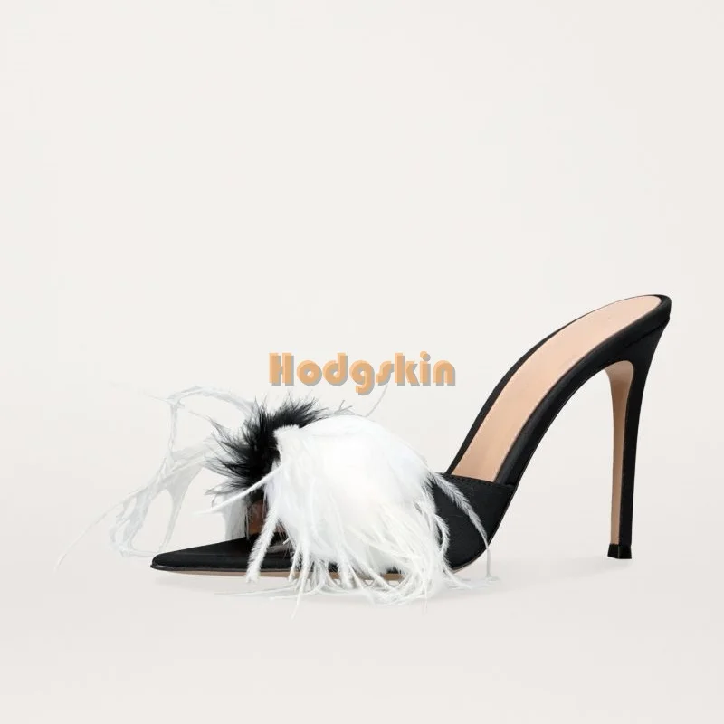 Charming White Feathers Stiletto Slippers Solid Pointed Toe Shallow Pull on Thin High Heel Sandals New Women Elegant Party Shoes