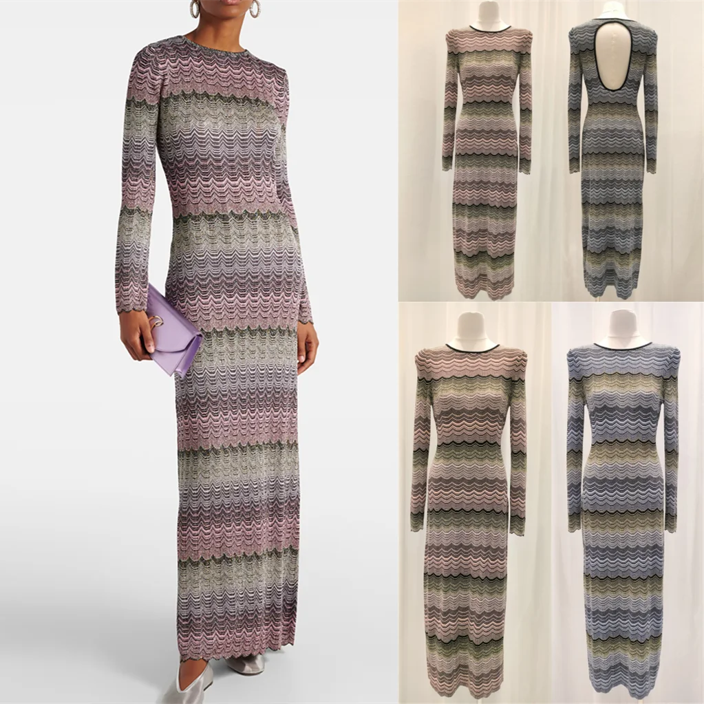 

Элегантное трикотажное платье с длинным рукавом, премиум-версия, с волнообразным узором, облегающее, в стиле кэжуал, с цветовыми блоками, с открытой спиной, для женщин
