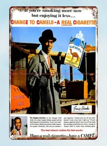 vintage wall decor Ernie Banks baseball player 1960 Cigarettes tin sign