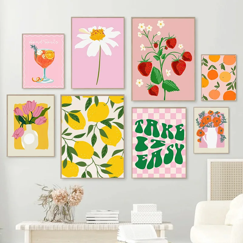 Pósteres Decorativos de Lona con Estampado de Flores de Limón y Fresa, Estilo Nórdico Abstracto, Arte de Pared para Dormitorio