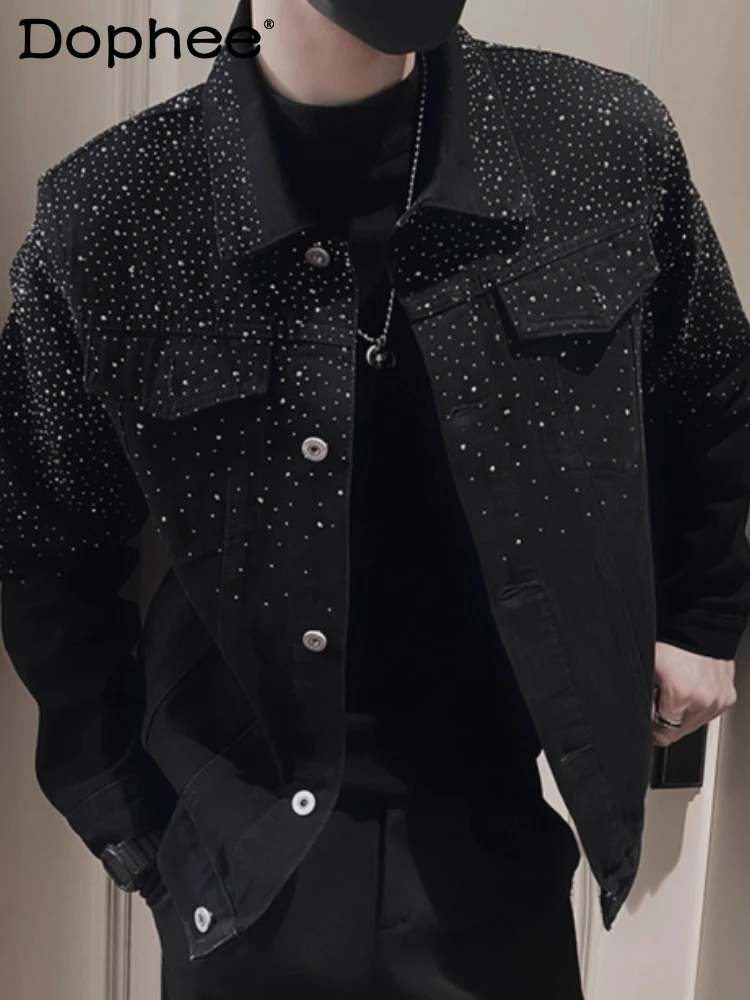 

Men's Lapel Loose Version Versatile Shoulder Padded Jacket Casual Handsome Long Sleeve Chic Denim Top Hot Diamond Denim Jackets