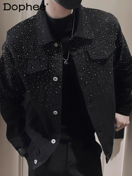 Men's Lapel Loose Version Versatile Shoulder Padded Jacket Casual Handsome Long Sleeve Chic Denim Top Hot Diamond Denim Jackets