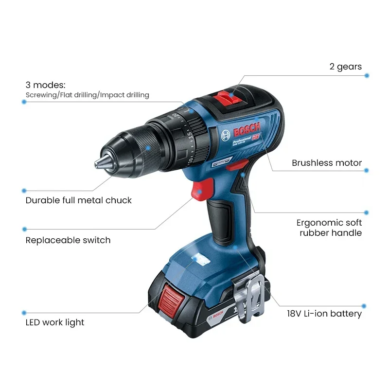 BOSCH GSB 18V-50 18V Brushless Cordless Impact Drill Electric Screwdriver Dual Speed 50Nm Impact Drill Power Tools GSB18V-50