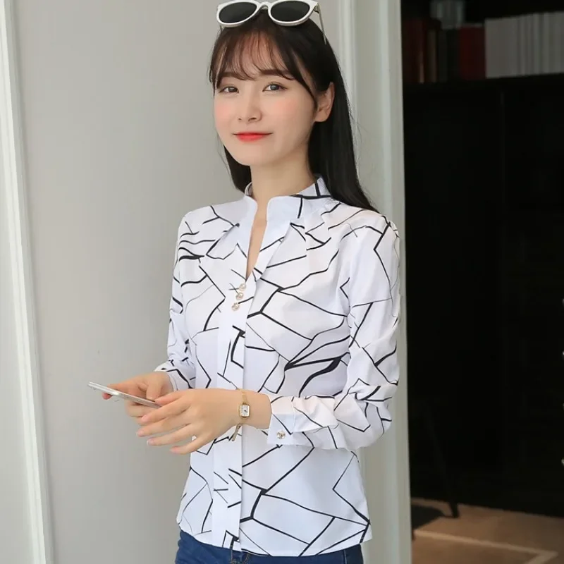 2024 Spring and Autumn New Casual Striped Long Sleeve Shirt Loose White Stand Collar Top Women Shirt Blouse