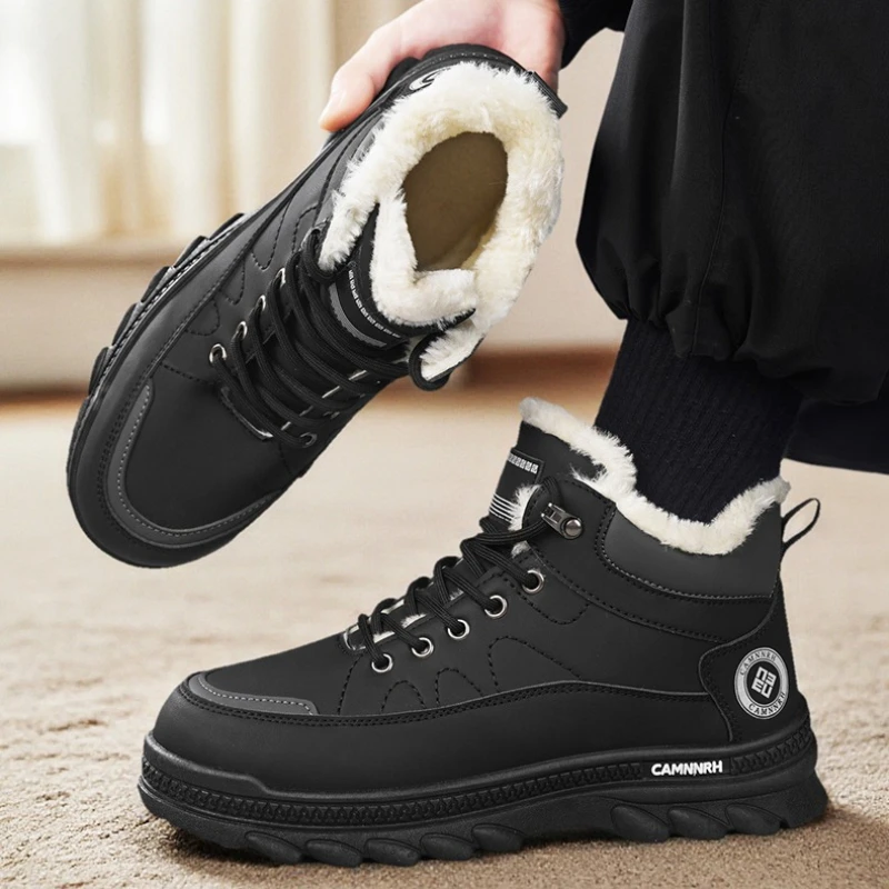 

New Autumn and Winter Solid-color Flat Lace-up Men's Large-sized High-quality Comfortable High-top Shoes and Warm Snow Boots