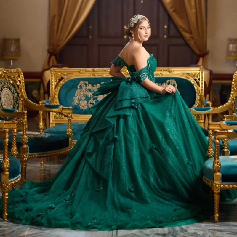Shiny dark green Quinceanera Dress Lace crystal glitter decal 3D flower Bow Long tail vestidos de 15 Quinceanera ﻿Customized