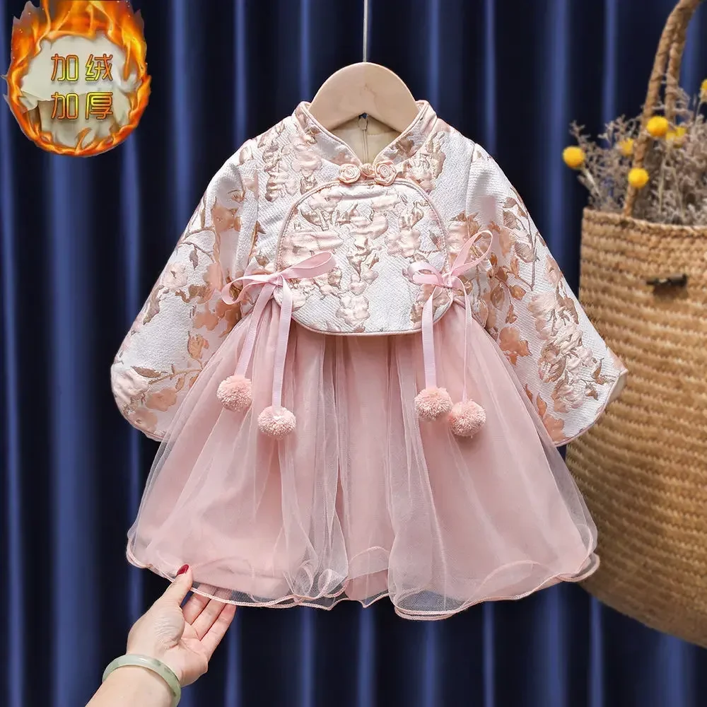 18 Colors Baby Girl Tang Suits Chinese Style Children Plus Velvet Thicken Warm Dress Wedding Christmas New Year Princess Dresses