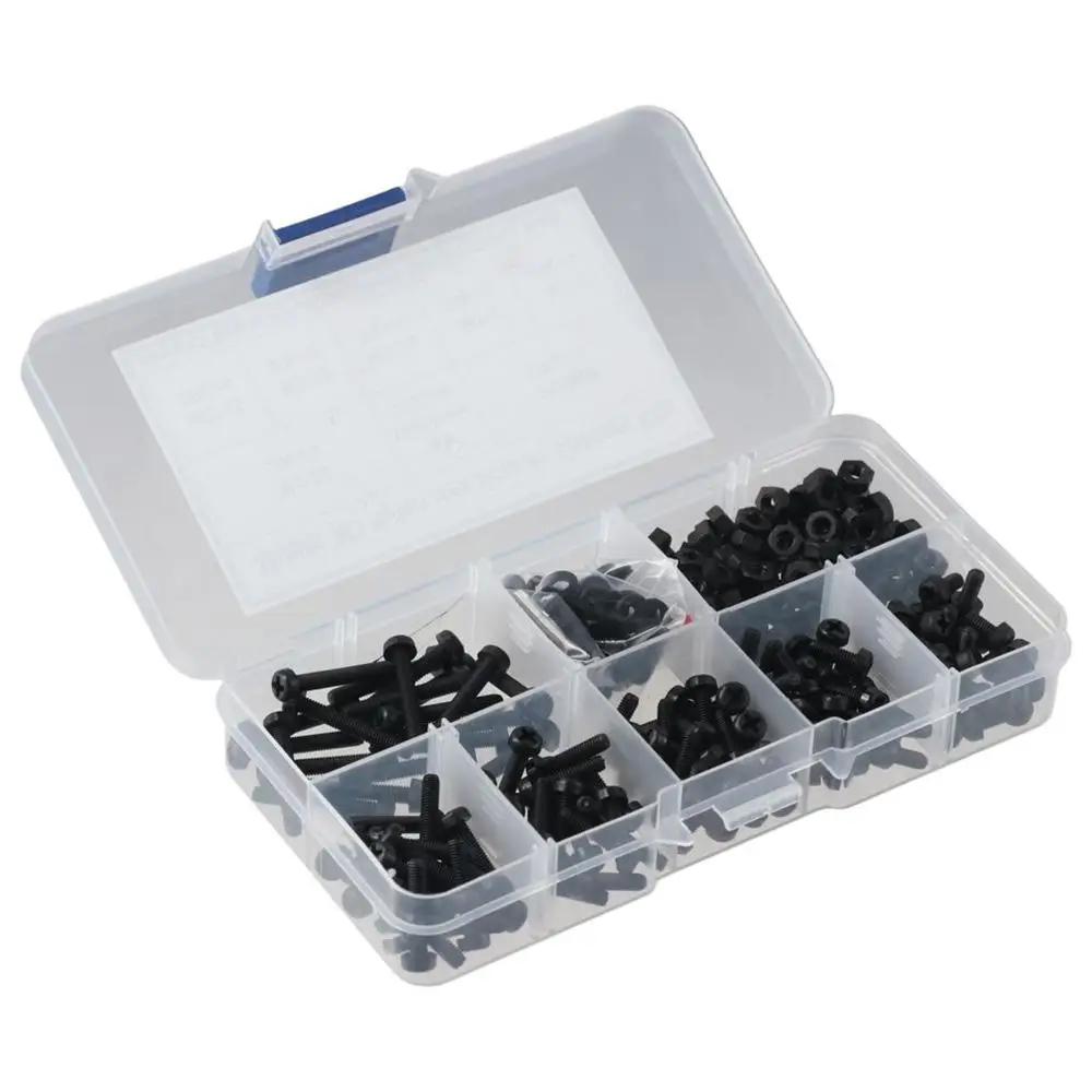 350PCS with Storage Box Phillips Pan Head M3 Bolts 6/8/10/12/15/20mm Black Nylon Bolts Bolts and Nuts Washers Kit