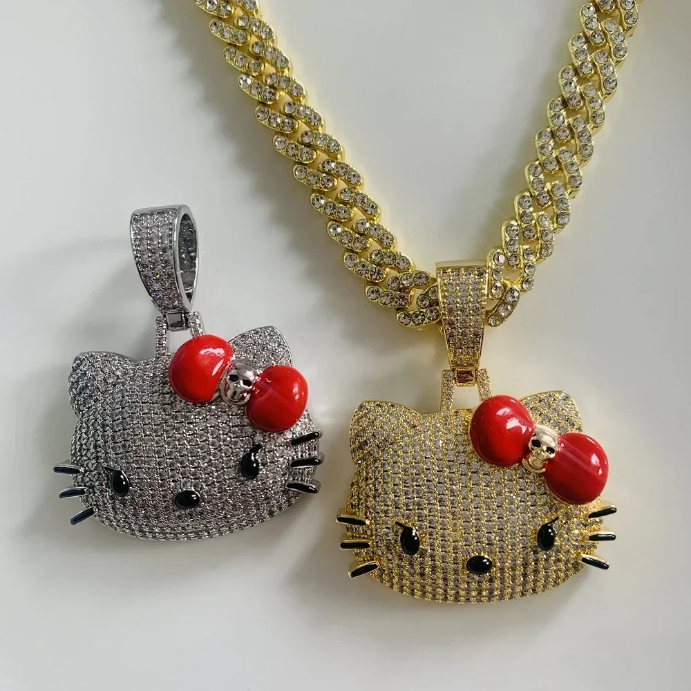

Cute Hello Kitty Diamond Necklace, Anime Sanrio Fashion Jewelry, Diamond Cuban Chain, Unisex Sweater Chain, Holiday Gift