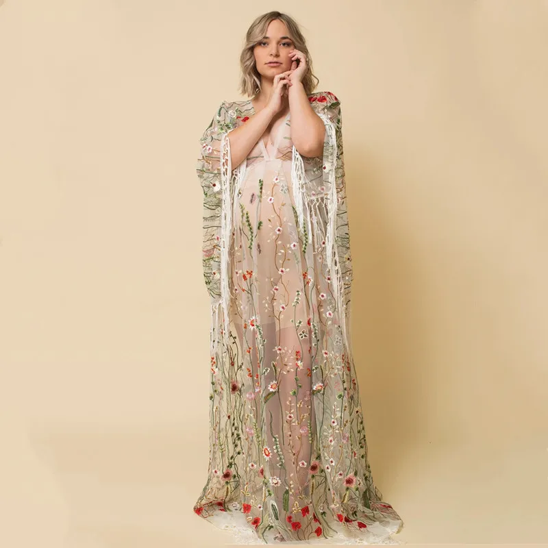 Transparent Embroidered Tulle Maternity Photography Props Dress Boho Lace Pregnancy Photo Shoot Maxi Dress