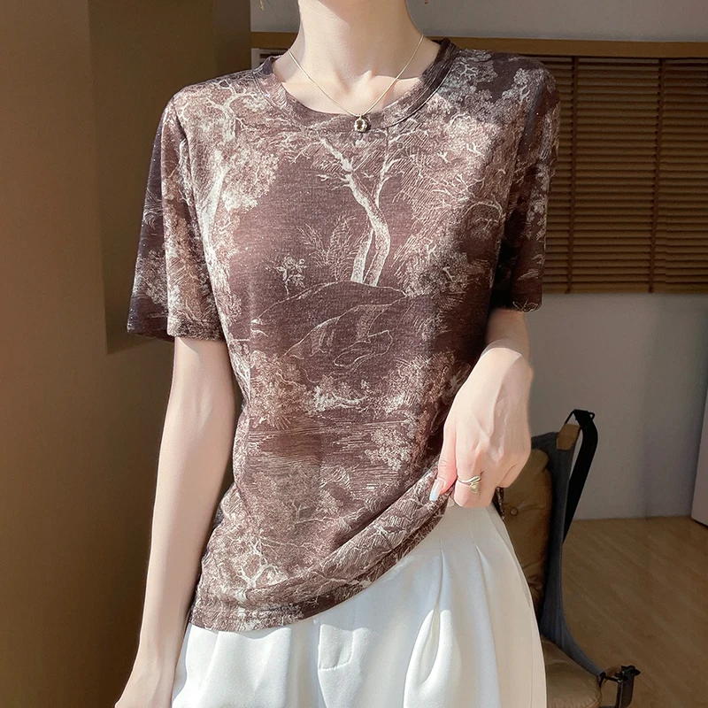 Retro Tie Dye Printed Short Sleeved Women's Round Neck Pullover Vest Summer New Loose Tops Fashionable Silk Knitted T-Shirt