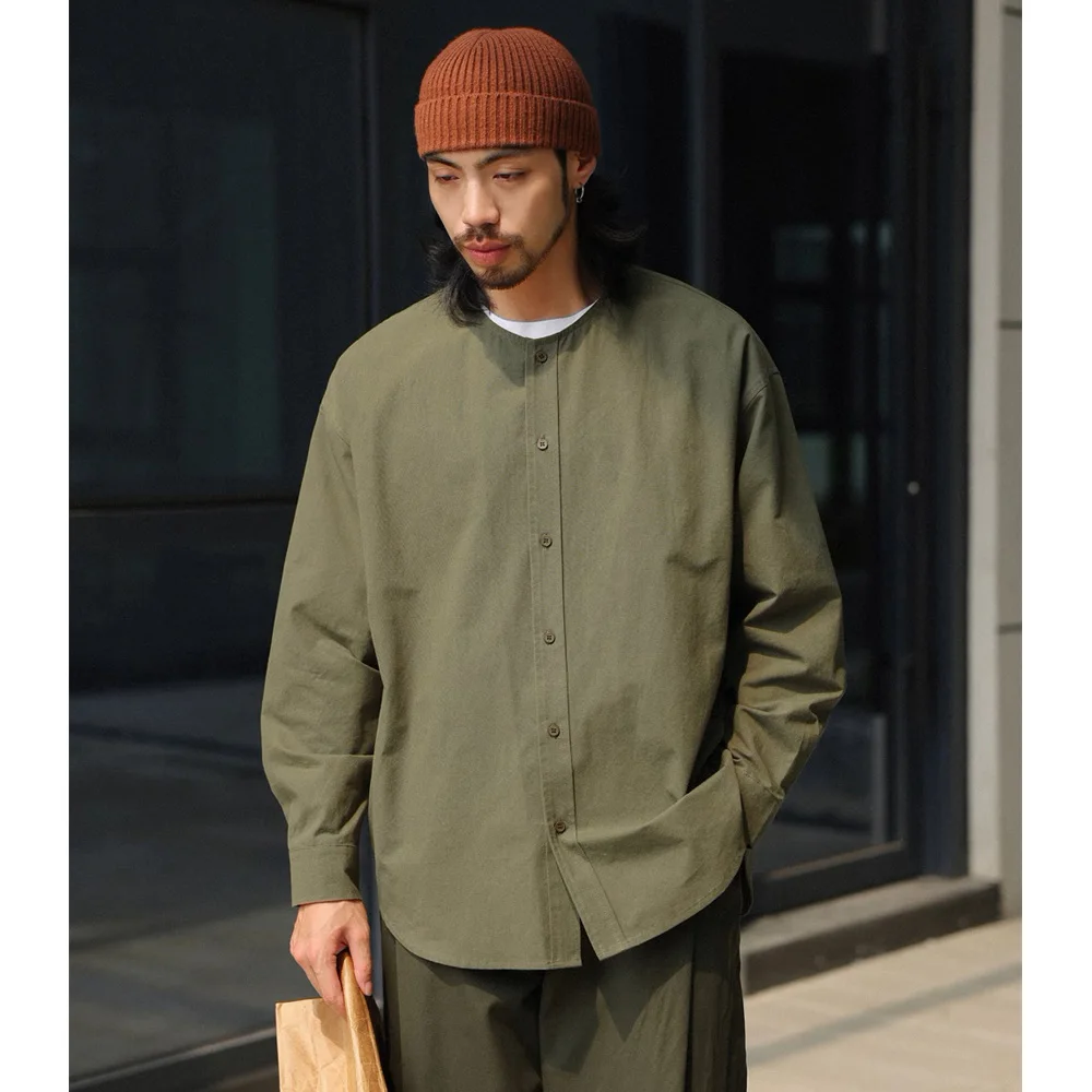 

Men Collarless Japanese Korean Streetwear Fashion Loose Causal Oversize Long Sleeve Shirts Cityboy Cargo Shirt Vintage Blouses