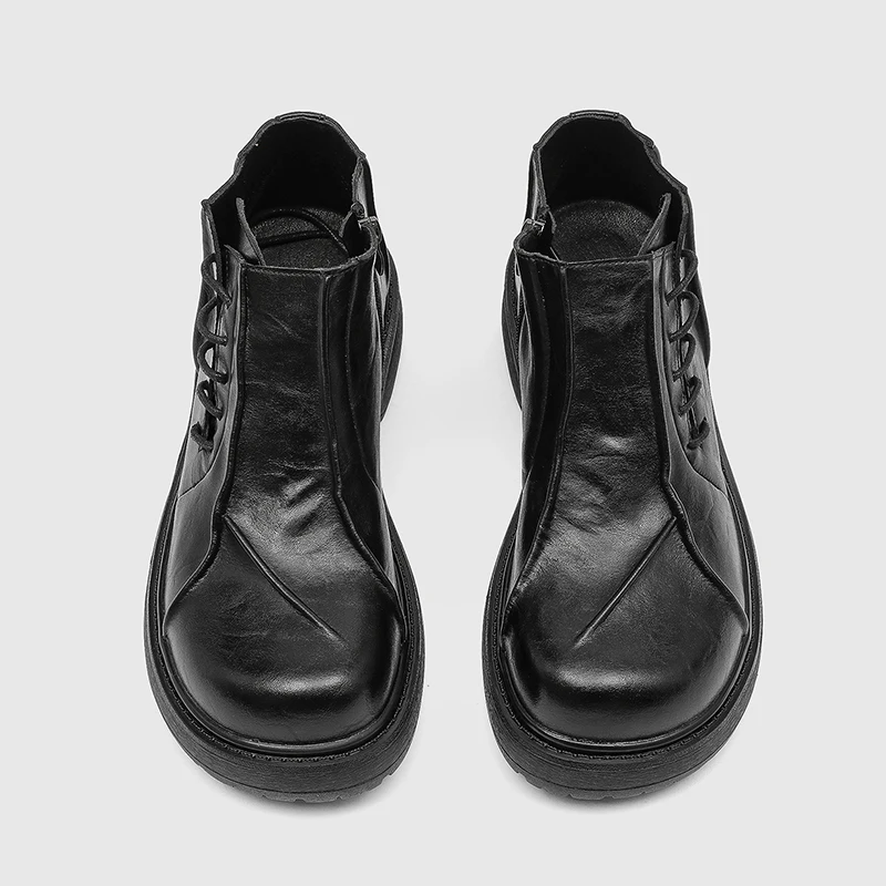 

Wrinkled Thick Soled Round Toe Couple Boots Fashionable Style Lace Up Height Increasing Casual High-end Feel Motorcycle Boots