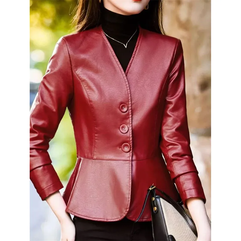 Zaawansowany duży rozmiar 4XL Faux Leather Women Top Autumn PU Leather Ladies Outwear Fashion Leather Female Jacket