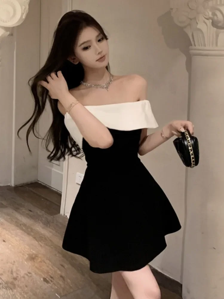 Ezgaga Off Shoulder Dresses Women Slash Neck Contrast French Style Chic Elegant Mini Dress Party Ladies Vintage Sexy Backless