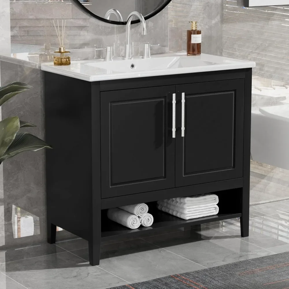 

"36" Bathroom Vanity w/ Sink - Multi-Functional Cabinet w/ Doors & Drawers, Black MDF Frame & Board"​