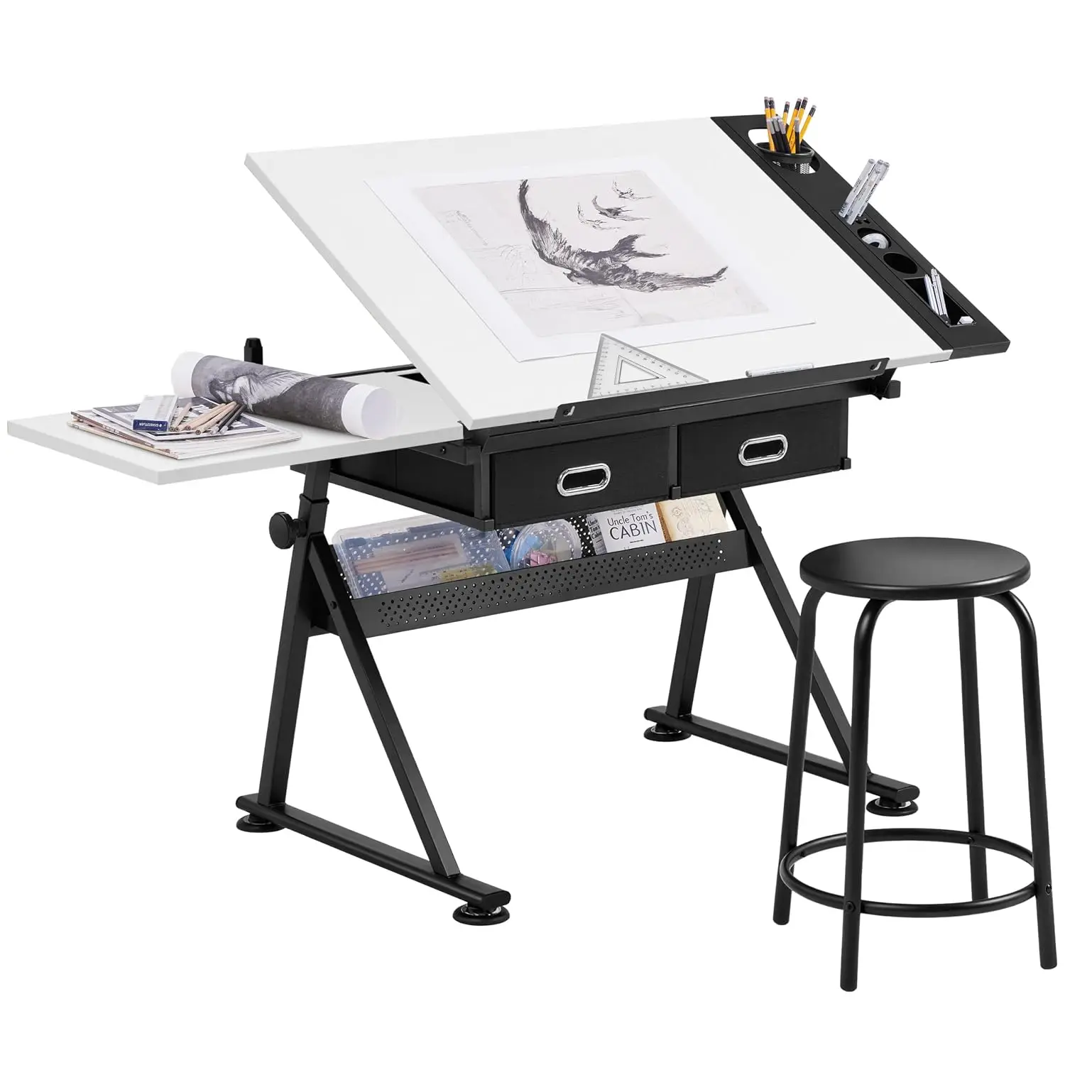 Adjustable Drafting Table Art Desk,Storage Drawers & Stool,White